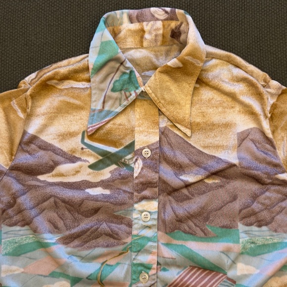 Vintage 70s Mountain Prairie Landscape Long Sleeve Button Up Shirt - Picture 2 of 13